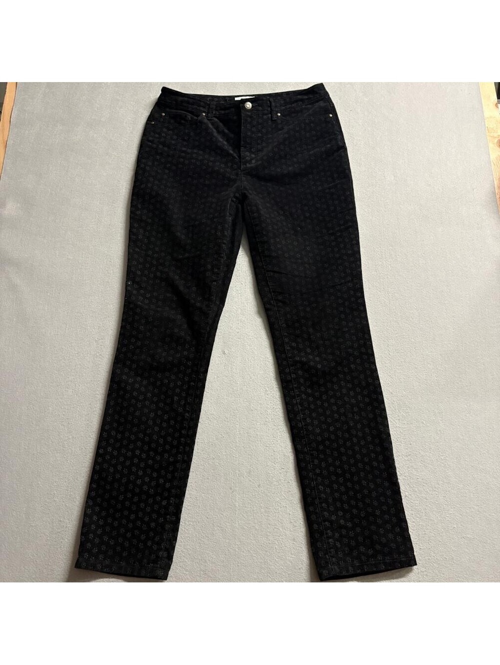 Charter Club Corduroy Pants Womens 8 Black Floral Print Stretch Straight Leg
